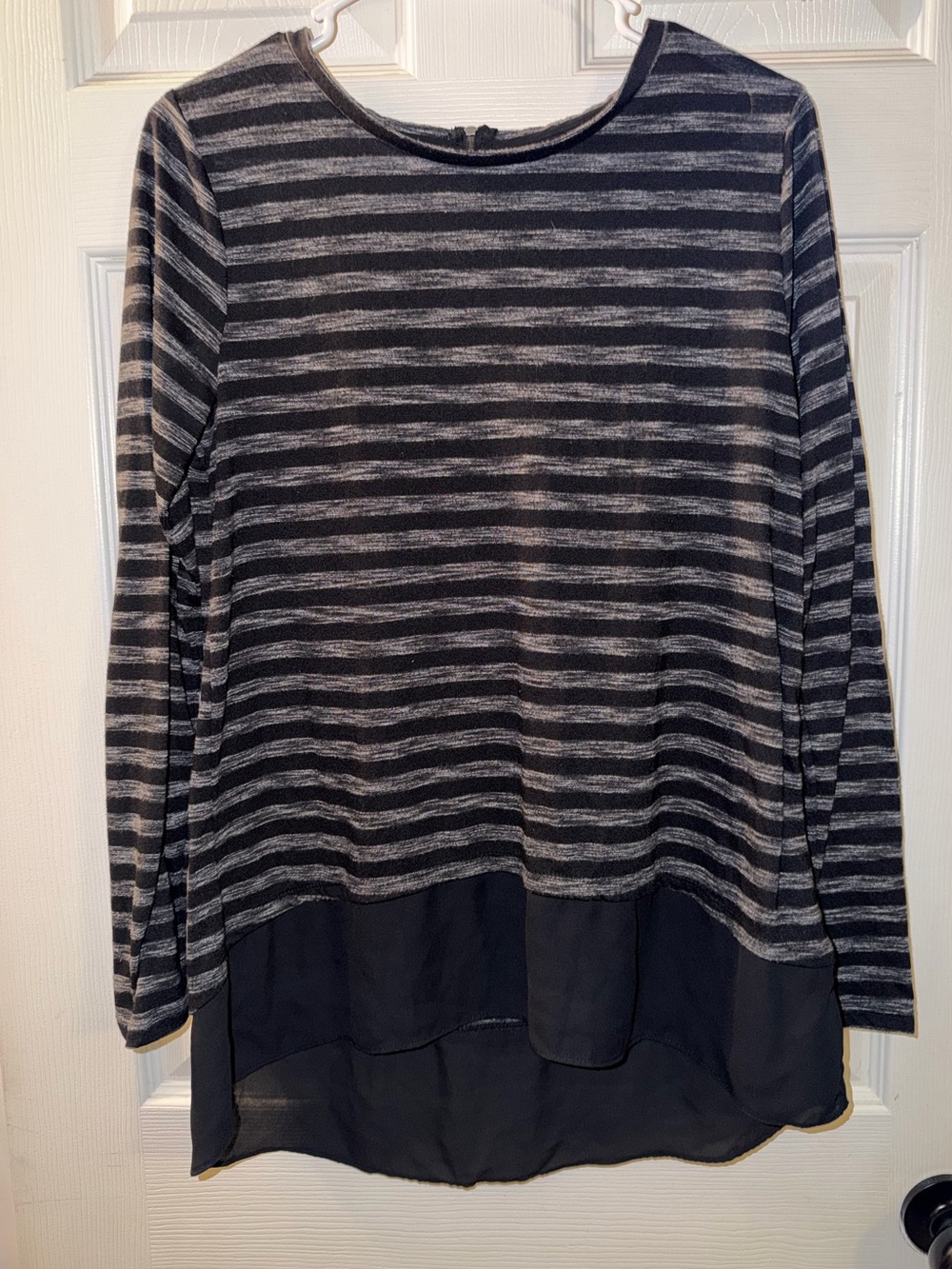 STYLUS Black & Gray Striped Long Sleeve Top with Chiffon-Like Hem